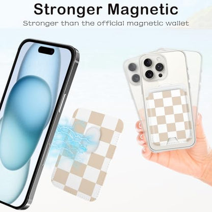 Magnetic Card Holder Phone Wallet, Leather Magnetic Card Holder fo Back of Phone Card Wallet for MagSafe Compatible for iPhone 17/16/15/14/13/12 Series (Checkerboard) - color: Checkerboard