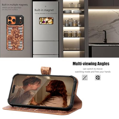 Leather Case Compatible With iPhone 17 Pro Max Wallet 6.9" | Genuine Leather 2-in-1 Magnetic Detachable Shockproof,Flip Folio Cover with Card Slot,Wireless Charging RFID Blocking brown - color: Dark brown, size: 17 Pro Max