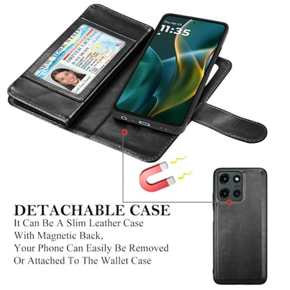 NJJEX Moto G 5G 2025 Wallet Case PU Leather 9 Card Slots Detachable Magnetic Flip Cover Kickstand Lanyard, Black - color: Black