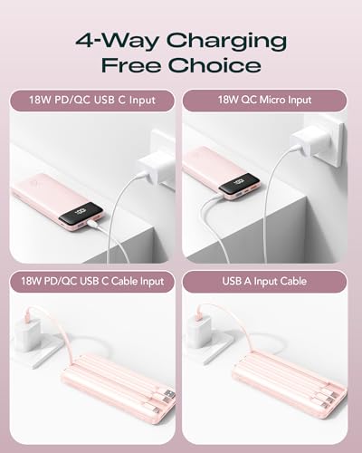 Orfeika 20000mAh Power Bank, Portable Charger with 4 Built-in Cables - color: SoftPink