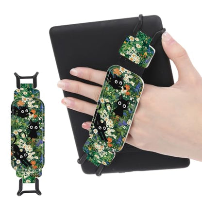 Secure Hand Strap for 6-7.5" Kindle and Tablets, Versatile Lightweight Faux Leather E-Book Grip Holder, Heavy-Duty E-Book Accessories for Reading Lover Gift (Cat and Flowers) - color: Cat and Flowers