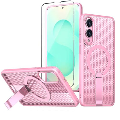 for Samsung Galaxy S25 Edge Case with Stand Compatible with MagSafe +1 Screen Protector, [Built in Kickstand &Magnet][Heat Dissipate] Protective Matte Case for Galaxy S25 Edge (Pink) - color: Pink