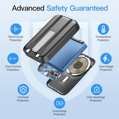 16800mAh Magnetic Power Bank with Built-in Cables for iPhone Series | MagSafe Portable Charger LED Display Wireless Charger Travel Essential Battery Pack for iPhone 17/16/15/14/13/12 Andriod