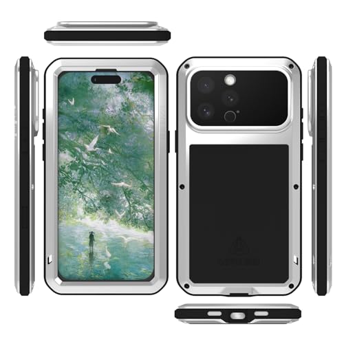 LOVE MEI Military Rugged Case for iPhone 16 Pro Max, with Tempered Glass Screen Protector, Shockproof Dustproof Scratch Proof Hybrid Metal and Silicone Gel Heavy Duty Full Body Cover Silver - color: Silver