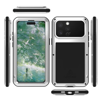 LOVE MEI Military Rugged Case for iPhone 16 Pro Max, with Tempered Glass Screen Protector, Shockproof Dustproof Scratch Proof Hybrid Metal and Silicone Gel Heavy Duty Full Body Cover Silver - color: Silver