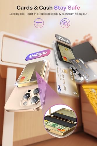 Meifigno Strong Magnetic Phone Wallet with Mirror & Kickstand, Magnetic Phone Card Holder (3-4 Cards & Cash) Compatible with iPhone 17/16/15/14/13/12 Series, Metal Plating Glossy, Desert Titanium - color: Desert Titanium