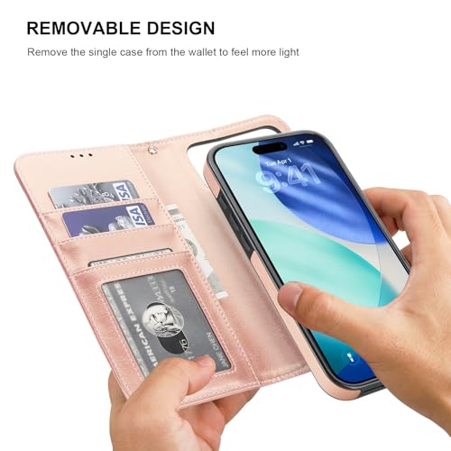 Bocasal Detachable Wallet Case Card Holder for iPhone 17 Pro Max Rose Gold | RFID Blocking Kickstand Card Slots Holder PU Leather Magnetic Shockproof Wrist Strap Removable Flip Protective Cover 6.9 inch - color: Rose Gold