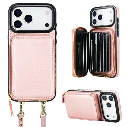 Bocasal Multi-Slot Crossbody Wallet Case for iPhone 17 Pro Max, Rose Gold | RFID Blocking PU Leather Purse Case with Card Holder, Handbag Flip Cover with Zipper Wrist Strap Lanyard for Women 6.9 Inch - color: Rose Gold