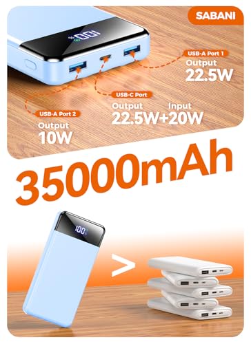 SABANI Portable Charger 35000mAh Power Bank, 4 Built in Cable Big Capacity - color: Azure