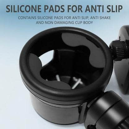 Stroller Cup Phone Holder Attachment, 3-in-1 Universal Cup Holder with Adjustable Phone Mount, Double Cup Holder for Walker Wheelchair Fits Most Donna, Uppababy, Bugaboo, Anti-Slip & Easy Install