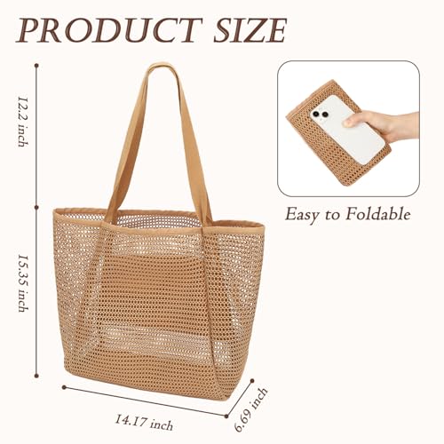 GYEUKHAM Mesh Beach Bag for Women, Sand-Resistant Pool Tote, 9 Pockets (1 Inner Zip), Foldable Family Travel Essentials - color: 2 Pockets-tan