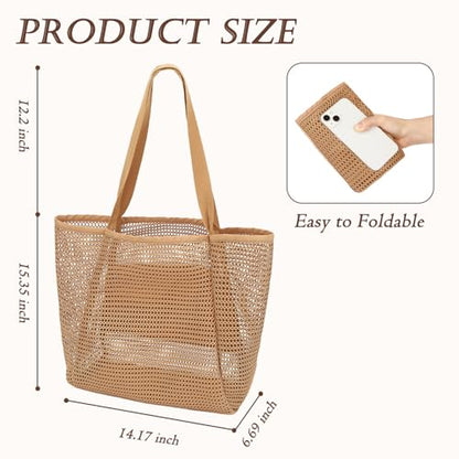 GYEUKHAM Mesh Beach Bag for Women, Sand-Resistant Pool Tote, 9 Pockets (1 Inner Zip), Foldable Family Travel Essentials - color: 2 Pockets-tan