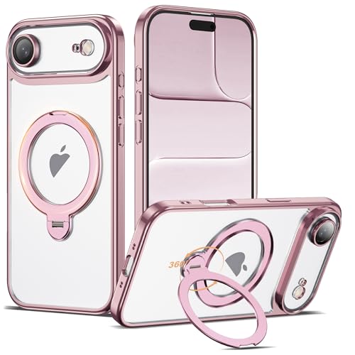 Compatible with iPhone 17 Air Case with 360° Magnetic Ring Stand Compatible with Mag-Safe Camera Lens Protector Plating Clear Phone Case for iPhone 17 Air 6.5", Pink - color: Pink, size: Iphone 17 Air