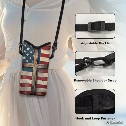 Small Cell Phone Crossbody Bag for Women Men Waterproof Neoprene Phone Bag Purse with Shoulder Strap Multifunctional Travel Bag for Cellphone, Keys, Lipstick, American Flag Cross Pattern - color: American Flag Cross Pattern