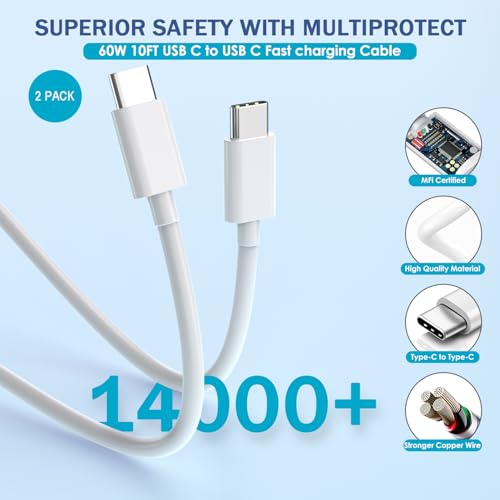 10FT iPhone 17/16e Fast Charger,2Pack 20W Dual Port USBA+C QC Apple Adapter - color: Blue/Pink