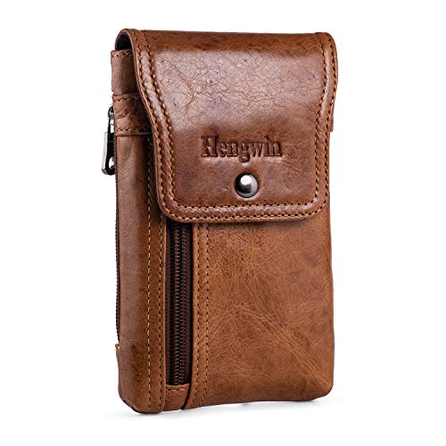 Phone Holster Belt Case with Belt Clip, Genuine Leather Belt Pouch Cell Phone Holder Fit for iPhone 16 Plus 15 Pro Max 14 Pro Max Samsung Galaxy S25 Plus (Fit Cellphone with Case On) (Brown) - color: Brown