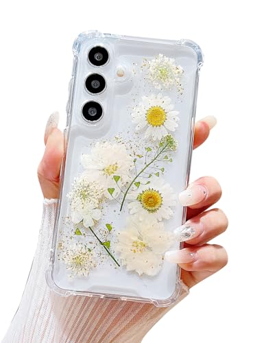 Compatible with Samsung Galaxy S23 Plus Case Cute Pressed Dried Real Flowers Design Women Girly Shockproof Glitter Floral Clear Phone Cover S23+ (White Flower) - color: White Flower, size: Samsung S23 Plus