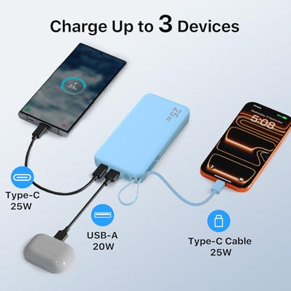 NOBIS Portable Charger 10000mAh 25W Power Bank with Built-in Cable - color: Blue