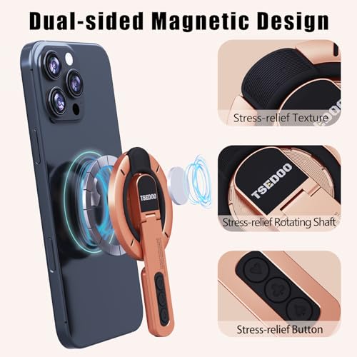 3-in-1 Magnetic Phone Grip Stand with 360° Roration Angle Adjustment, Silicone Finger Ring & Fidget Toy Design, Gym Dual-Sided Magnetic Phone Kickstand for All Phones - color: Rose Gold