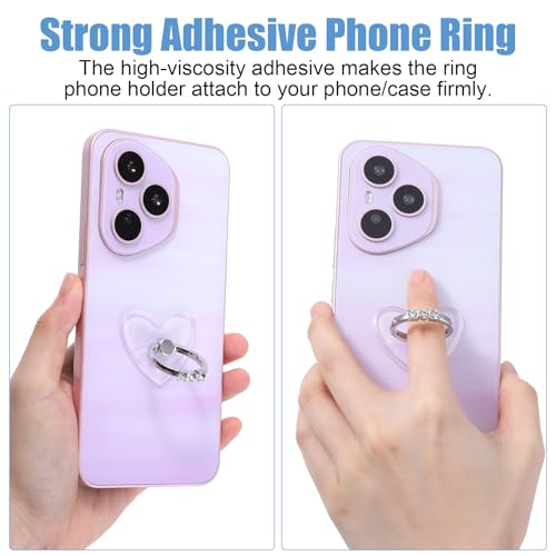 2 Pack Cell Phone Finger Ring Stand with Sparkly Diamond, Heart Clear Phone Grip, Transparent Adjustable Anti Drop Heart Shape Ring Holder 360° Rotation Finger Stand for Smartphones and Tablets