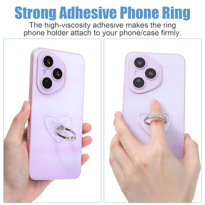 2 Pack Cell Phone Finger Ring Stand with Sparkly Diamond, Heart Clear Phone Grip, Transparent Adjustable Anti Drop Heart Shape Ring Holder 360° Rotation Finger Stand for Smartphones and Tablets