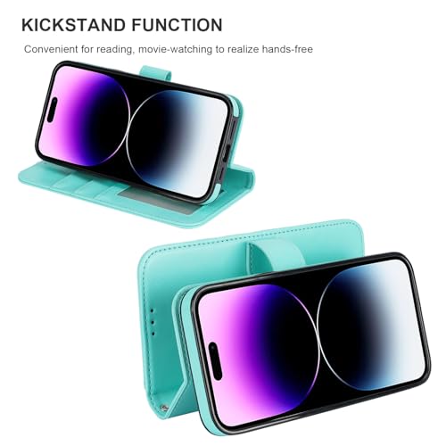 Bocasal Detachable Wallet Case Card Holder for iPhone 14 Pro Max Light Blue | RFID Blocking Kickstand Card Slots Holder PU Leather Magnetic Shockproof Wrist Strap Removable Flip Protective Cover 6.7 inch - color: Light Blue