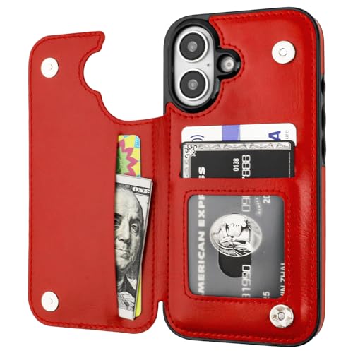 ONETOP for iPhone 16 Wallet Case with Credit Card Holder,Red | Kickstand,ID/Cash Holder,Case Wallet with Card Slots,Double Magnetic Clasp,Durable PU Leather Shockproof Cover for Women Men - color: Red