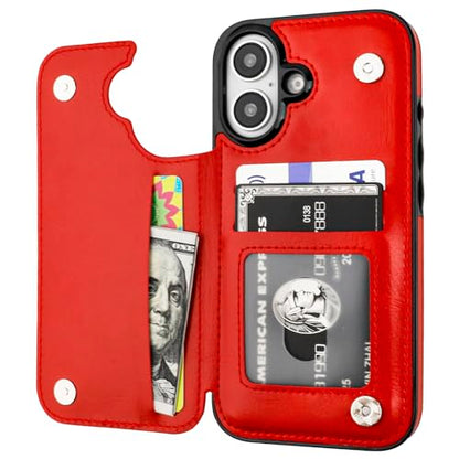 ONETOP for iPhone 16 Wallet Case with Credit Card Holder,Red | Kickstand,ID/Cash Holder,Case Wallet with Card Slots,Double Magnetic Clasp,Durable PU Leather Shockproof Cover for Women Men - color: Red