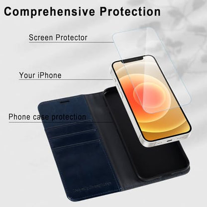 MONASAY Wallet Case Compatible for iPhone 12 mini 5G 5.4-inch,[Glass Screen Protector Included] [RFID Blocking] Flip Folio Leather Cell Phone Cover with Credit Card Holder, Blue - color: Blue