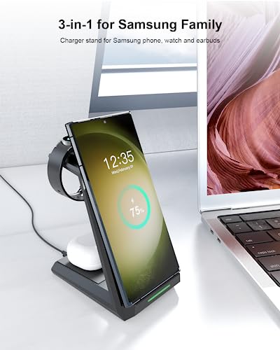 ADADPU 3 in 1 Wireless Charging Station for Samsung Galaxy S26 S25 S24 S23 S22, Charging Stand for Galaxy Watch 8/7/6/5/4/3 (Not for Watch 9/Ultra 2) and Galaxy Buds, 20W Adapter Included - color: Black