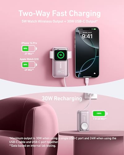 Anker MagGo Power Bank for Apple Watch, 10,000mAh 35W Max Portable Charger - color: Pink