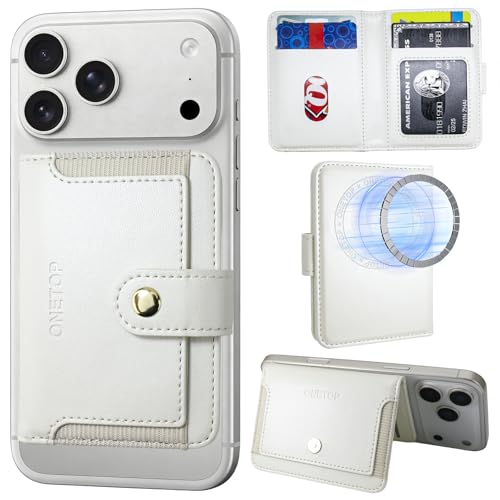 ONETOP for MagSafe Wallet,Magnetic Phone Wallet with 5 Card Slots,White | 1-12 Cards/Cash Holder for iPhone 17/16/15/14/13/12 Series,Detachable Wallet Stick-On Back,PU Leather RFID Blocking Kickstand - color: White