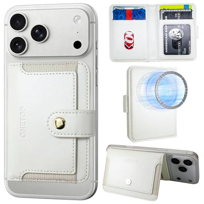 ONETOP for MagSafe Wallet,Magnetic Phone Wallet with 5 Card Slots,White | 1-12 Cards/Cash Holder for iPhone 17/16/15/14/13/12 Series,Detachable Wallet Stick-On Back,PU Leather RFID Blocking Kickstand - color: White