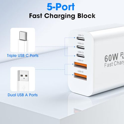GREPHONE USB C Fast Charger Block,2Pack 60W 5-Port Multiport Charging Block
