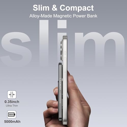 SIXTHGU Magnetic Slim Portable Charger with Stand, PowerMag, 5000mAh Wireless Power Bank[Alloy-Made], PD 20W Fast Charging, Compatible with iPhone 17/16/15/15 Pro/15 Pro Max, iPhone 14/13/12 Series