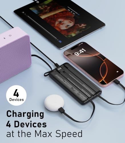 Portable Charger Built in 4 Cables, 10000mAh Power Bank, Black - color: Black