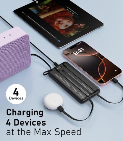 Portable Charger Built in 4 Cables, 10000mAh Power Bank, Black - color: Black