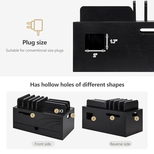 Homde Bamboo Charging Station Organizer: 6 Compartments and Drawer - color: Black