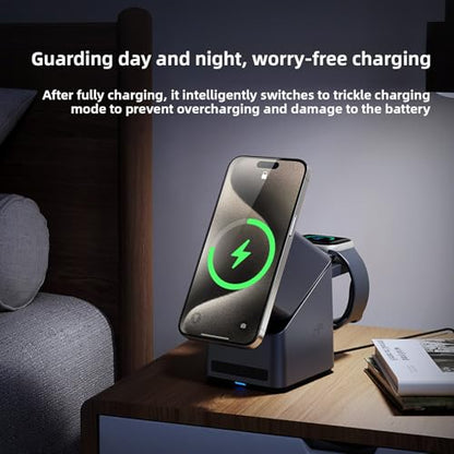 Jiawu Wireless Charging Station, 4 in 1 Wireless Charger Stand Magnetic for Multiple Devices for Air 17 16 15 14 13 12 Series, Smartwatch, Earbuds, 180 Rotation with Time Display