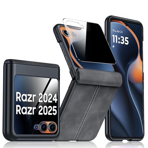 for Motorola Razr 2026 Case,Razr 2025/2024 Case, Built-in Privacy Screen Protector & Hinge Protection & Ultra Thin PU Leather PC Shockproof Phone Case for Moto Razr 2026/2025/2024 (Black) - color: Black-PSP, size: Razr 2025/2024