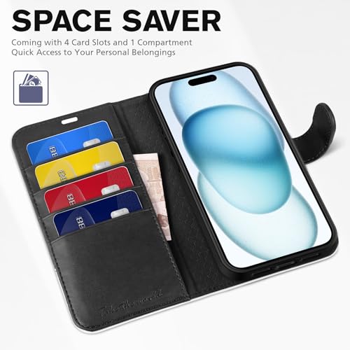 TUCCH Case Wallet for iPhone 15 (6.1"), RFID Blocking Folio, Black & White | 4 Card Holders, Kickstand, PU Leather, Magnetic Closure, Shockproof TPU Shell, Protective Flip Cover - color: Black & White