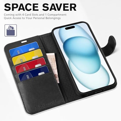 TUCCH Case Wallet for iPhone 15 (6.1"), RFID Blocking Folio, Black & White | 4 Card Holders, Kickstand, PU Leather, Magnetic Closure, Shockproof TPU Shell, Protective Flip Cover - color: Black & White