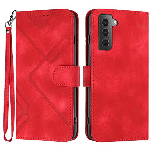 for Samsung S21 Case Wallet Card Holder Strap (Red) | PU Leather Pattern, Card Slots, Cash Pocket, Kickstand, Magnetic Closure, Flip Cover, TPU Inner, Shockproof Protective - color: Red