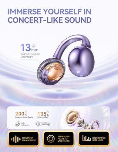 JOYROOM OE3 Clip-On Earbuds, Wireless Open Ear Earbuds Headphones, Auto L-R Recognition, Omni Tap Control, Immersive Sound, Ultra-Light 4.9g Fit,Comfortable ear buds for Workouts and Daily Use, Purple