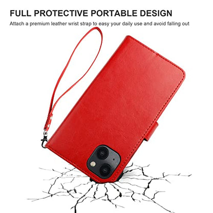 Bocasal Detachable Wallet Case Card Holder for iPhone 14 Plus, Red | RFID Blocking Kickstand Card Slots Holder PU Leather Magnetic Shockproof Wrist Strap Removable Flip Protective Cover 6.7 inch - color: Red