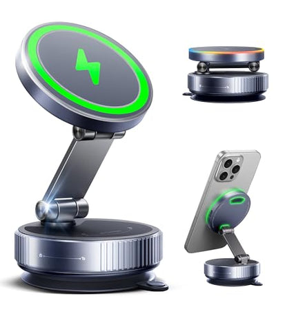 MagSafe Car Charger Mount, 15W Fast Wireless Charging Phone Holder, 108LB Vacuum Suction Cup & 3800gf Strong Magnet, 360° Adjustable Dashboard Windshield Mount for iPhone 17 Pro Max/17 Air/16-12