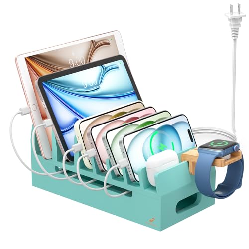 Bamboo Charging Station with 5 Port Charger HUB & 5 Cables-Teal - color: Teal