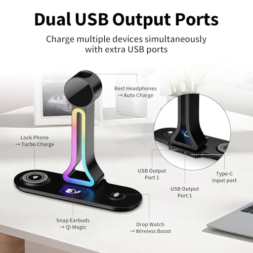 Transform Your Desk – 3-in-1 Wireless Charging Station with Headphone Stand, Dual USB Ports, 15W Fast Charger for Phone/A-irPods/A-pple Watch, RGB Light, LED Alarm Clock – Charge 5 Devices at Once
