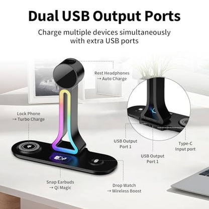 Transform Your Desk – 3-in-1 Wireless Charging Station with Headphone Stand, Dual USB Ports, 15W Fast Charger for Phone/A-irPods/A-pple Watch, RGB Light, LED Alarm Clock – Charge 5 Devices at Once