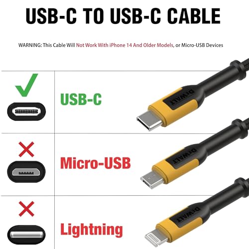 DEWALT Heavy Duty USB C Cable, Jobsite 60W USB C to USB C, 4 ft, 2 Pack - size: 4FT